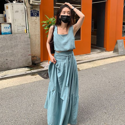 Sleeveless Square Neck Denim Top / High Rise Maxi A-Line Skirt SpreePicky