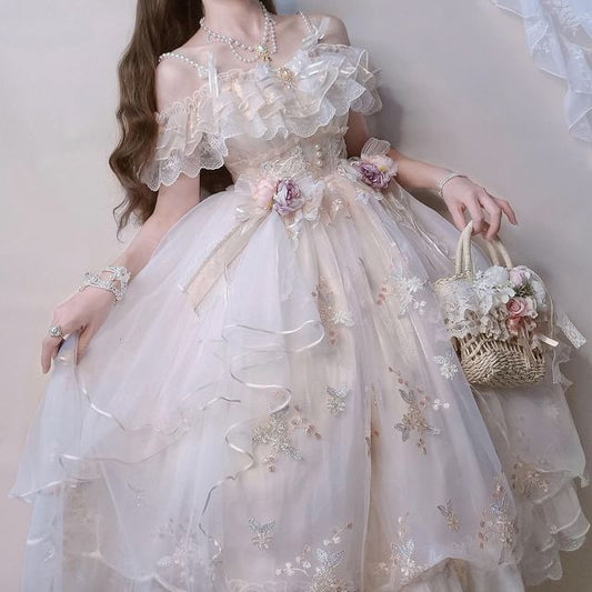 Ruffle Trim Floral Embroidered Lolita Midi A-Line Dress Set mySite