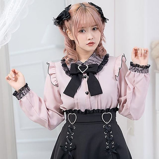 Lolita Long Sleeve Peter Pan Collar Ruffle Trim Blouse / Bow Tie / Set mySite