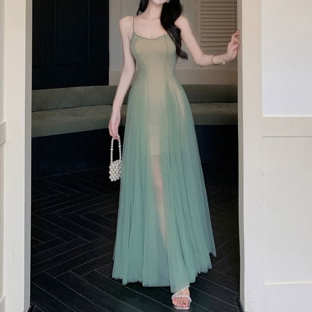 Strap Scoop Maxi Sheer A-Line Spaghetti Dress Neck FashionChic