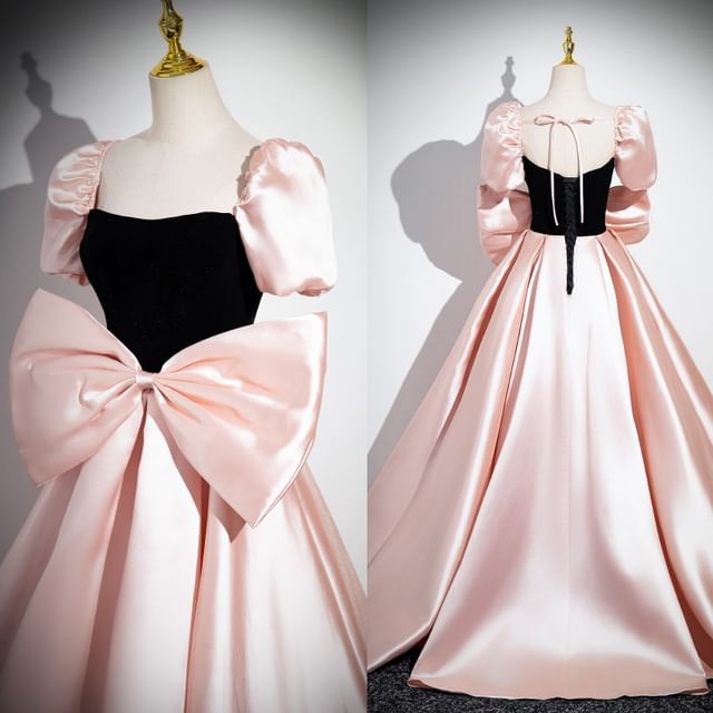 Short-Sleeve Square Neck Two Tone Bow Panel Satin A-Line Evening Gown SpreePicky