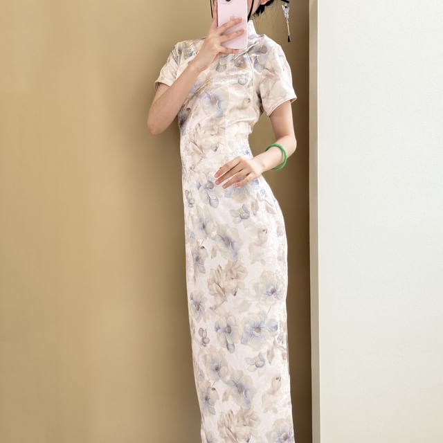 Short-Sleeve Floral Maxi Qipao SpreePicky