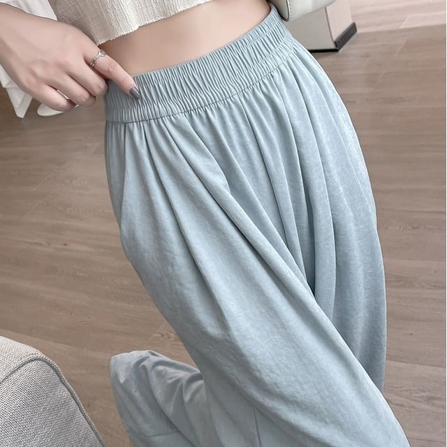 High Waist Wide Leg Plain Elastic Waist Pants SpreePicky