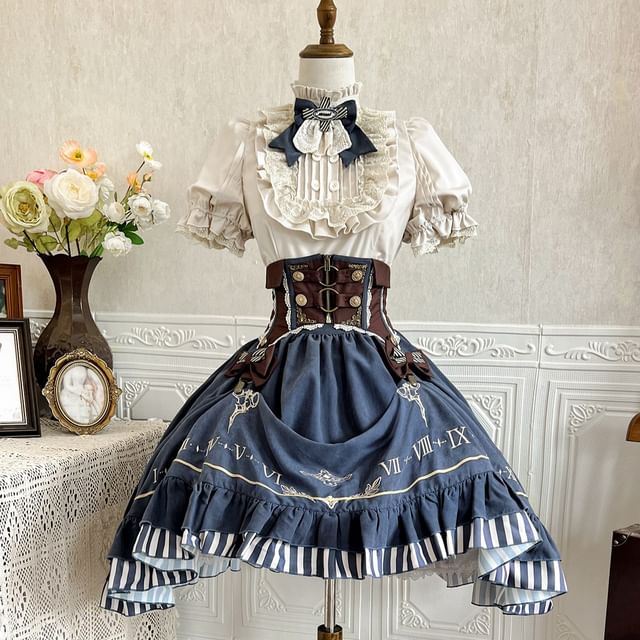 Lolita Puff-Sleeve Plain Lace Trim Ruffle Shirt / Bow Belt / High Waist Graphic Print A-Line Skirt / Set mySite