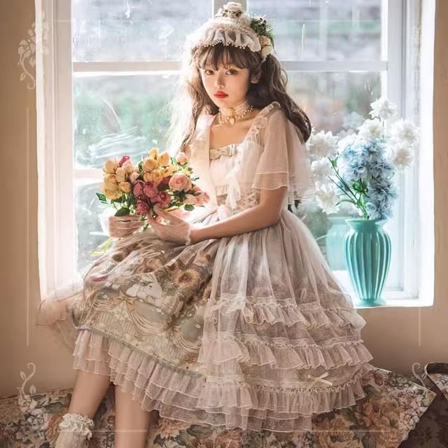 Spaghetti Lolita Strap Rabbit Print Midi A-Line Dress / Petticoat Skirt / Short-Sleeve Dotted Ruffle Lace Trim Light Jacket / Socks / Set mySite