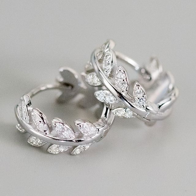 Sterling Silver Rhinestone Leaf Hoop Earring SpreePicky