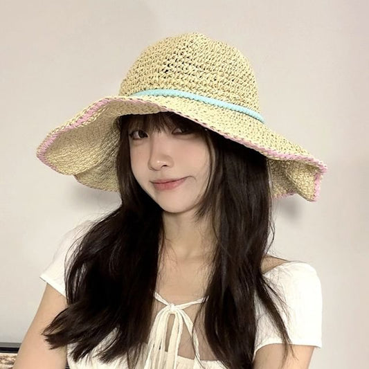 Wide Brim Summer Straw Hat With Blue Band SpreePicky