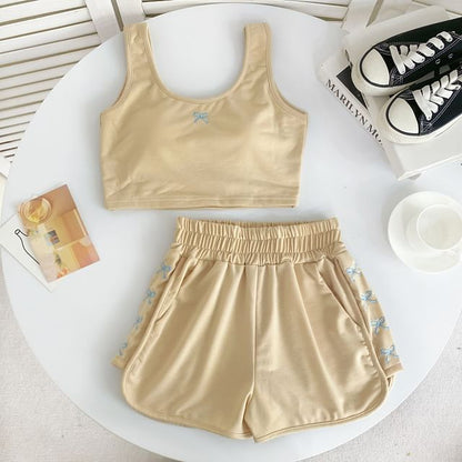 Set: Scoop Neck Bow Embroidered Padded Crop Tank Top + Elastic Waist Sweat Shorts mySite