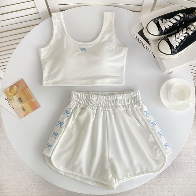 Set: Scoop Neck Bow Embroidered Padded Crop Tank Top + Elastic Waist Sweat Shorts mySite