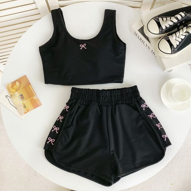 Set: Scoop Neck Bow Embroidered Padded Crop Tank Top + Elastic Waist Sweat Shorts mySite