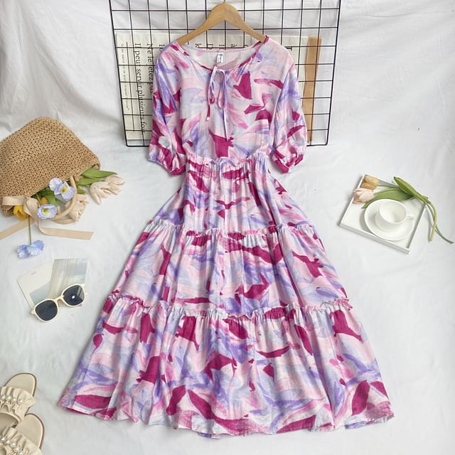 Short-Sleeve Round Neck Patterned Print Tiered Tie Front Midi A-Line Dress mySite