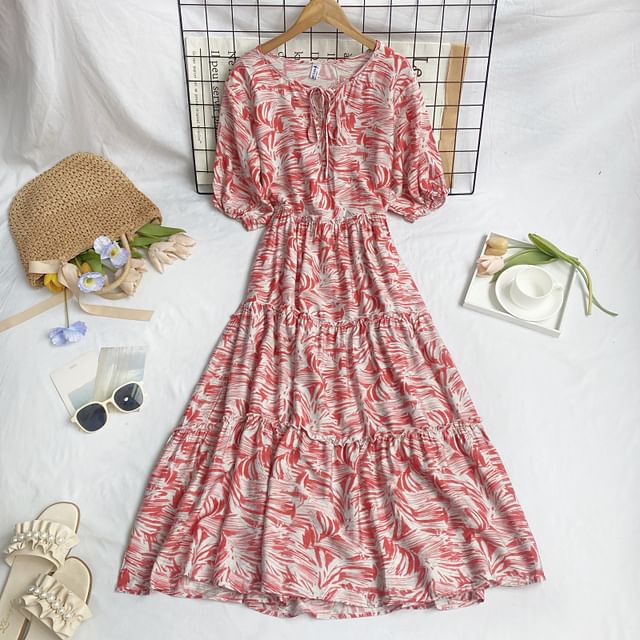 Short-Sleeve Round Neck Patterned Print Tiered Tie Front Midi A-Line Dress mySite