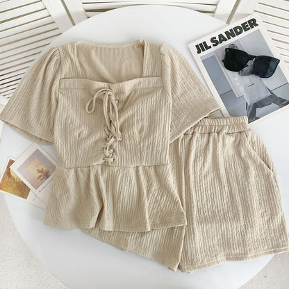 Set: Short-Sleeve Square Neck Plain Lace Up Panel Top + Elastic Waist Shorts mySite