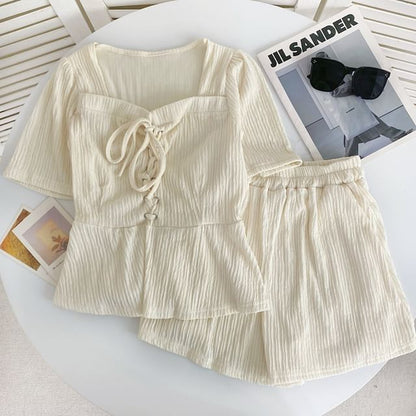 Set: Short-Sleeve Square Neck Plain Lace Up Panel Top + Elastic Waist Shorts mySite