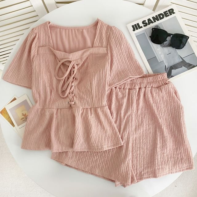 Set: Short-Sleeve Square Neck Plain Lace Up Panel Top + Elastic Waist Shorts mySite