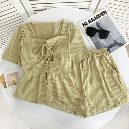 Set: Short-Sleeve Square Neck Plain Lace Up Panel Top + Elastic Waist Shorts mySite