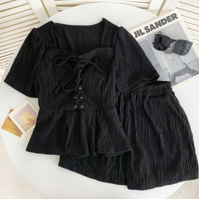 Set: Short-Sleeve Square Neck Plain Lace Up Panel Top + Elastic Waist Shorts mySite