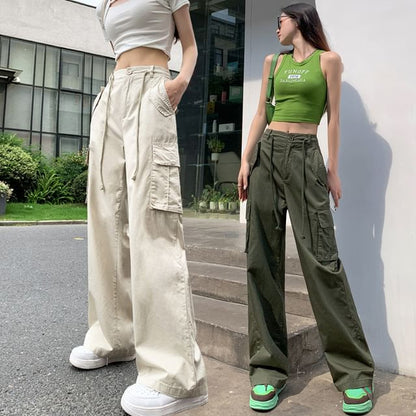 High Rise Plain Wide Leg Cargo Pants SpreePicky