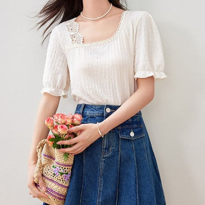 Short Sleeve Square Neck Lace Trimmed Cropped Top SpreePicky