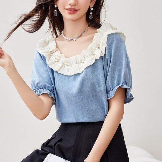 Ruffle Short Sleeve Scoop Neck Denim Top SpreePicky