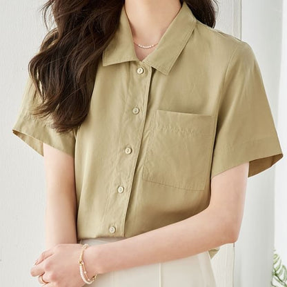 Short Sleeve Lapel Neck Solid Loose Fit Shirt SpreePicky