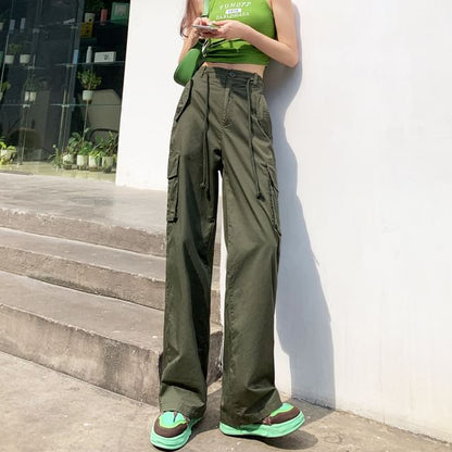 High Rise Plain Wide Leg Cargo Pants SpreePicky