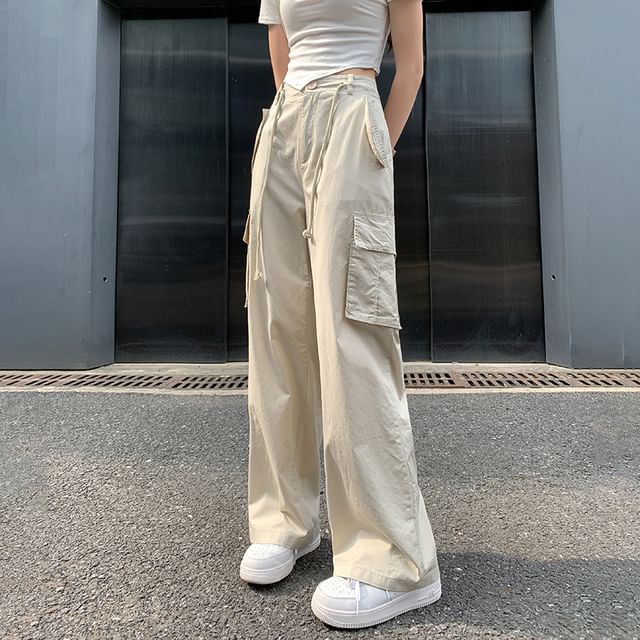 High Rise Plain Wide Leg Cargo Pants SpreePicky