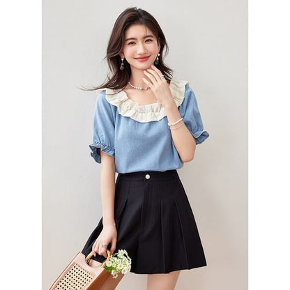 Ruffle Short Sleeve Scoop Neck Denim Top SpreePicky