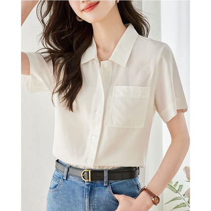 Short Sleeve Lapel Neck Solid Loose Fit Shirt SpreePicky