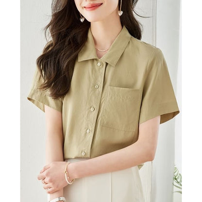 Short Sleeve Lapel Neck Solid Loose Fit Shirt SpreePicky