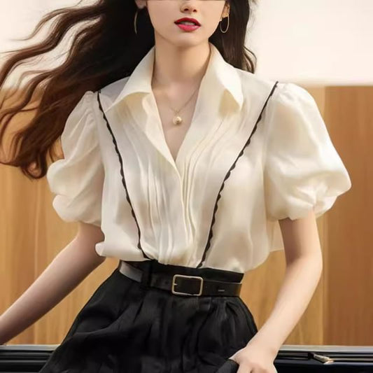 Puff-Sleeve Contrast Trim Blouse mySite