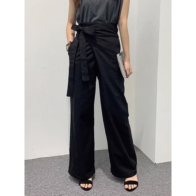 High Rise Plain Tie-Up Wide Leg Pants SpreePicky