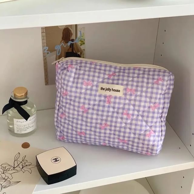 Bow Plaid Fabric Makeup Bag / Clutch / Pencil Case SpreePicky