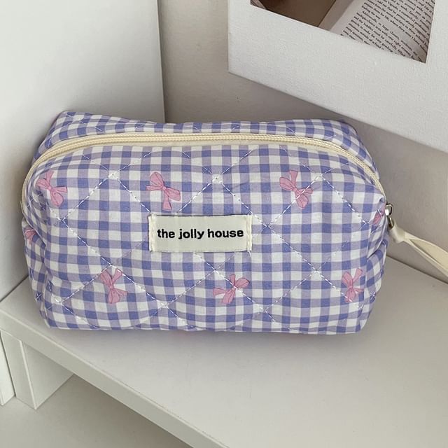 Bow Plaid Fabric Makeup Bag / Clutch / Pencil Case SpreePicky