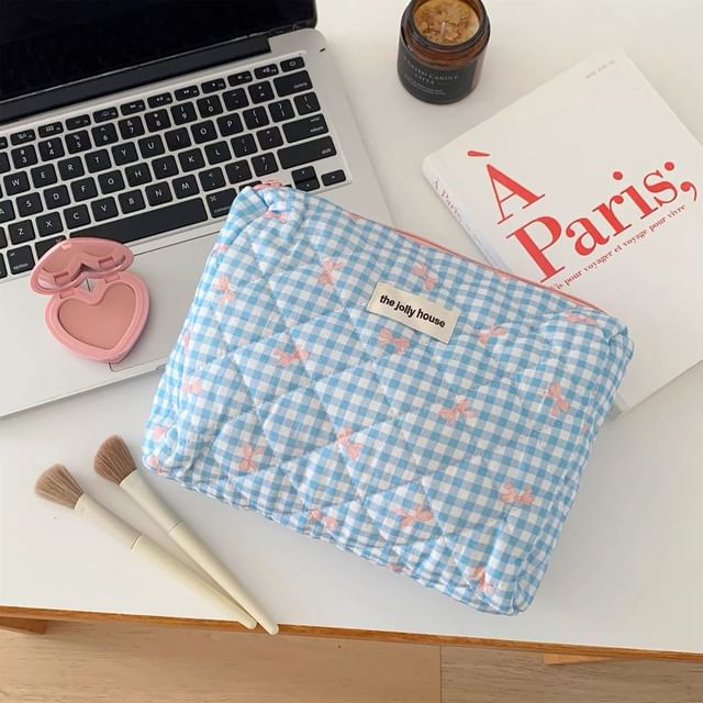 Bow Plaid Fabric Makeup Bag / Clutch / Pencil Case SpreePicky