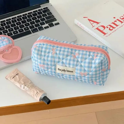 Bow Plaid Fabric Makeup Bag / Clutch / Pencil Case SpreePicky