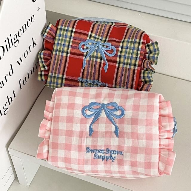 Bow Embroidered Plaid Coin Purse SpreePicky