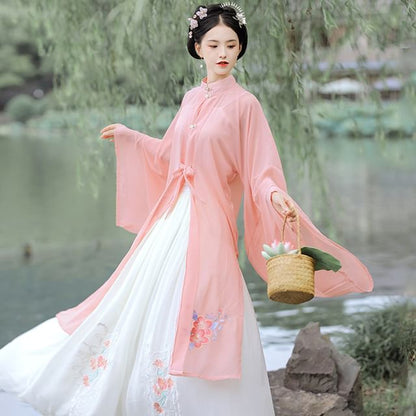 Set: Floral Embroidered Hanfu Top + Mid Rise Maxi Skirt SpreePicky