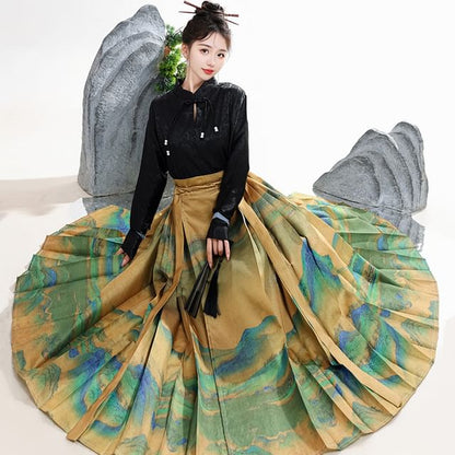 Tie Neck Hanfu Top / Mid Rise Print Maxi Skirt / Set SpreePicky