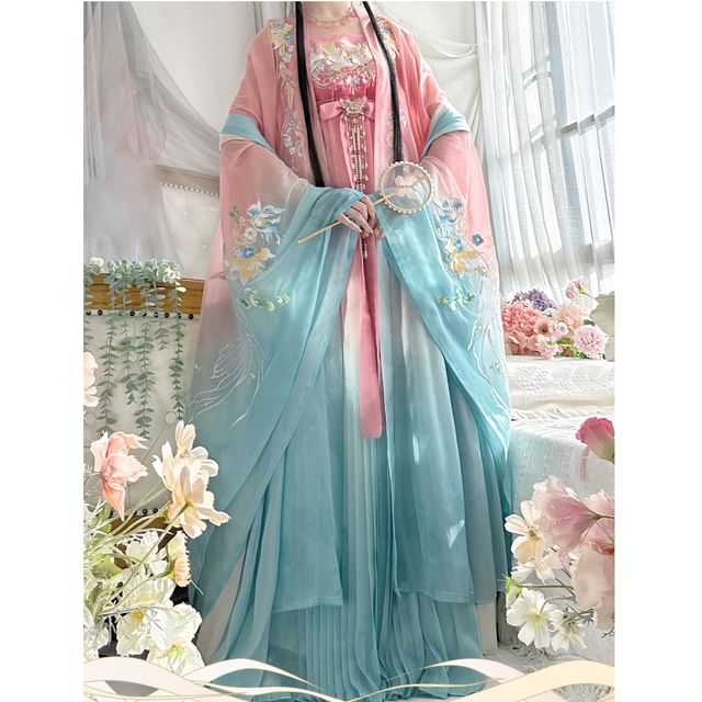 Floral Embroidered Hanfu Maxi Dress / Embroidered Light Jacket / Set SpreePicky