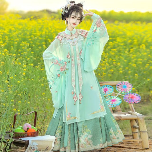 Set: Floral Embroidered Hanfu Long Blouse + Camisole Top + Maxi Skirt + Scarf SpreePicky