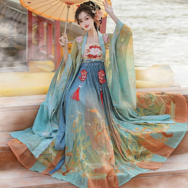 Set: Floral Embroidered Hanfu Maxi Dress + Long Light Jacket + Scarf + Fish Hanging Deco SpreePicky