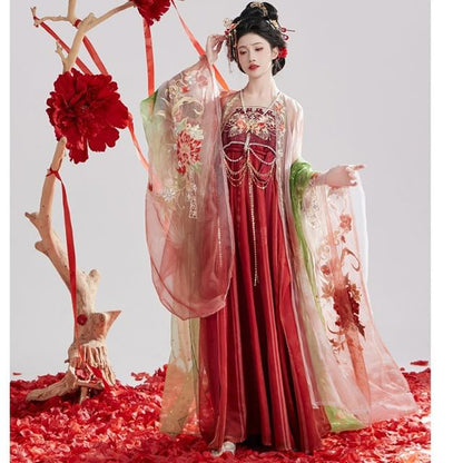 Set: Floral Embroidered Hanfu Maxi Dress + Long Light Jacket + Scarf SpreePicky