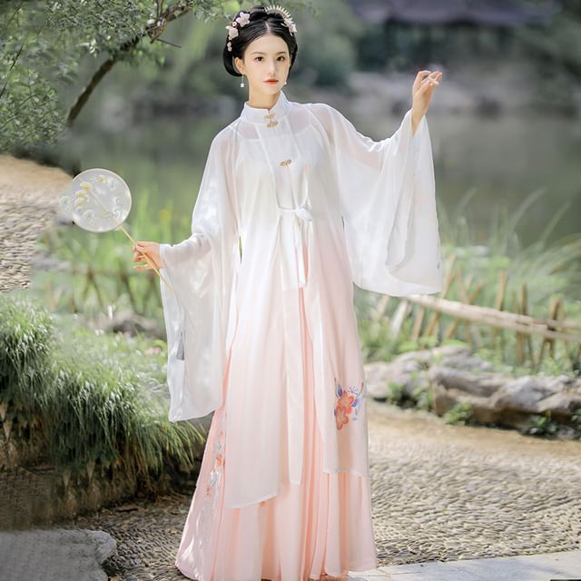 Set: Floral Embroidered Hanfu Top + Mid Rise Maxi Skirt SpreePicky