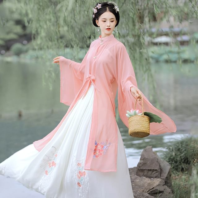 Set: Floral Embroidered Hanfu Top + Mid Rise Maxi Skirt SpreePicky