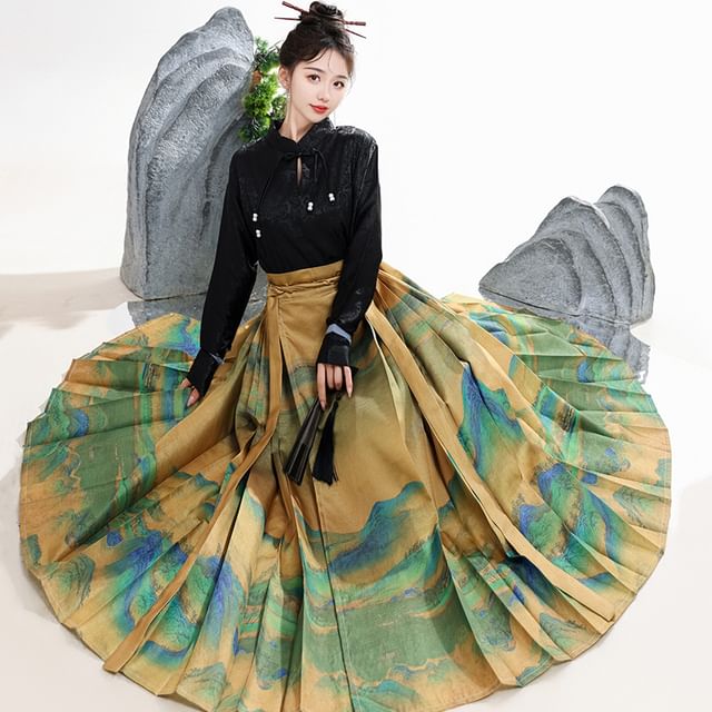 Tie Neck Hanfu Top / Mid Rise Print Maxi Skirt / Set SpreePicky