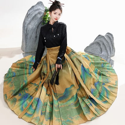 Tie Neck Hanfu Top / Mid Rise Print Maxi Skirt / Set SpreePicky