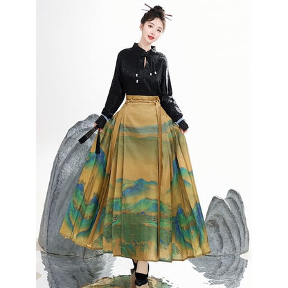 Tie Neck Hanfu Top / Mid Rise Print Maxi Skirt / Set SpreePicky