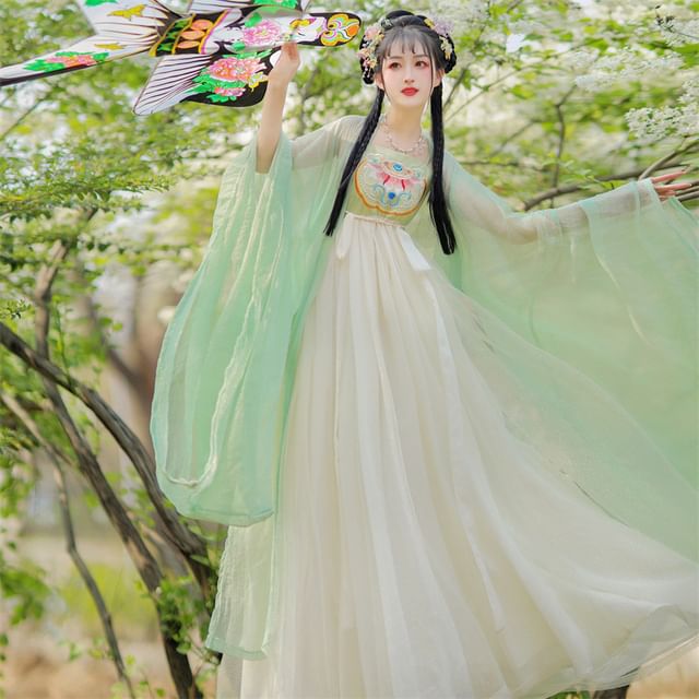 Set: Floral Embroidered Hanfu Maxi Dress + Light Jacket SpreePicky