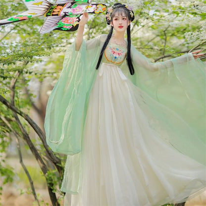 Set: Floral Embroidered Hanfu Maxi Dress + Light Jacket SpreePicky